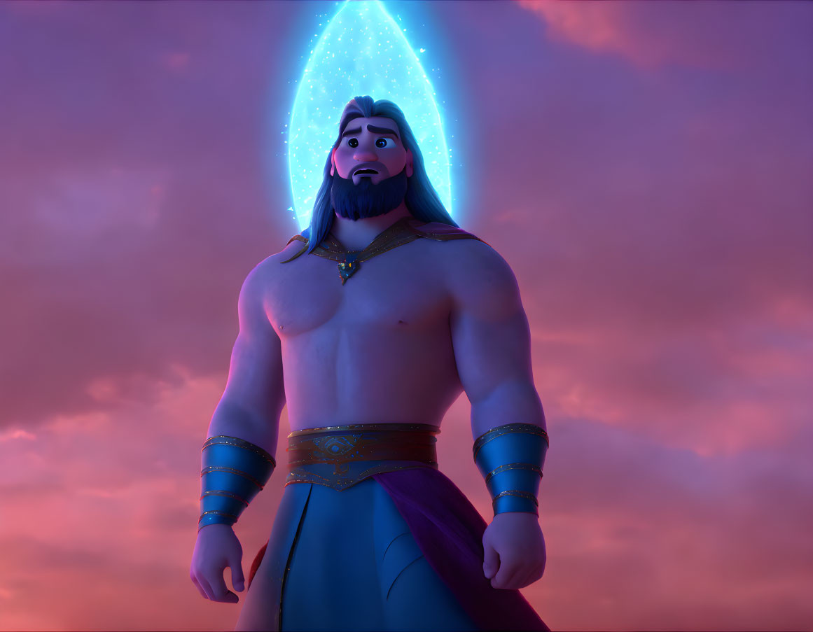 Muscular animated character with long hair near glowing blue portal & dramatic sky