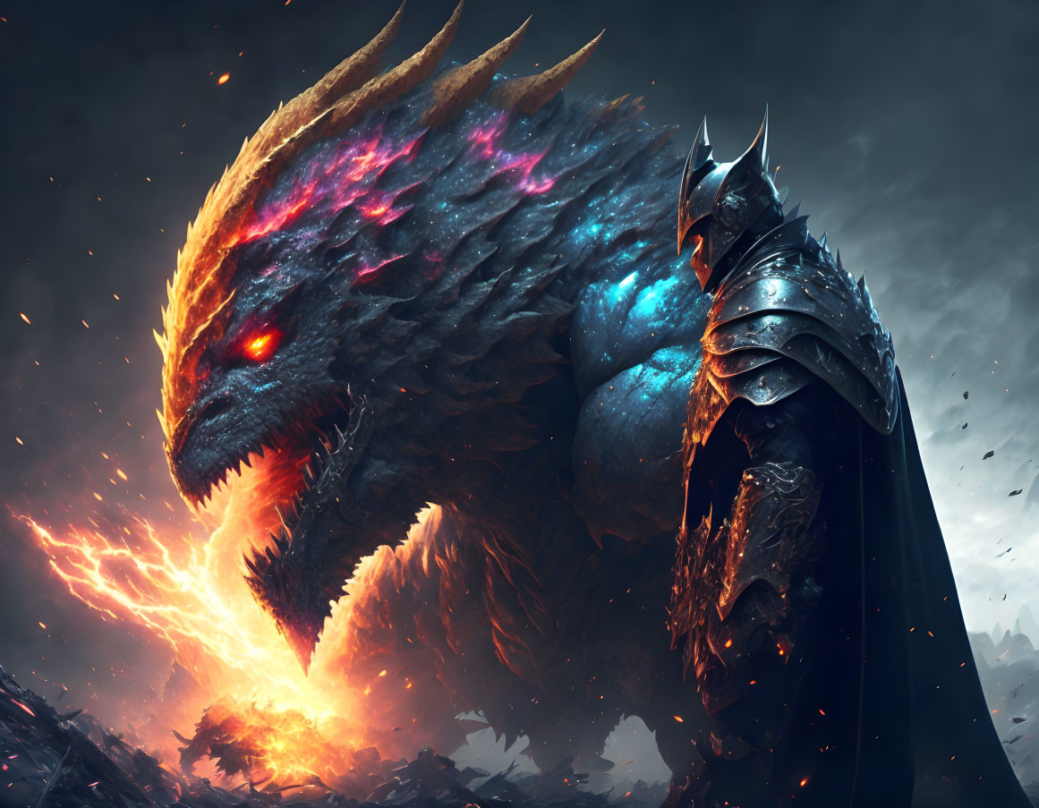 Dark Armored Knight Stands with Giant Dragon in Apocalyptic Scene