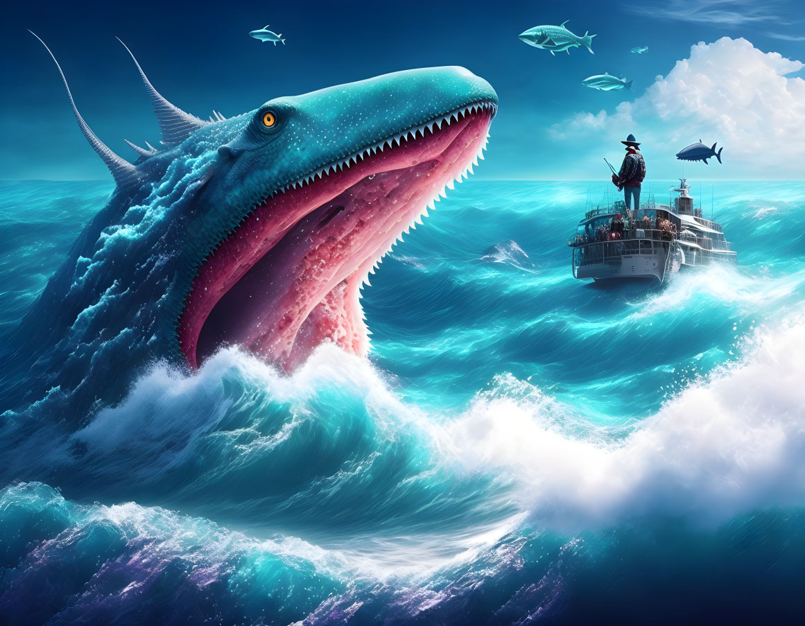 Giant blue fish-like creature and boat under clear sky