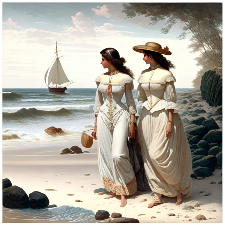 Vintage-dressed women stroll on beach with sailboat in background