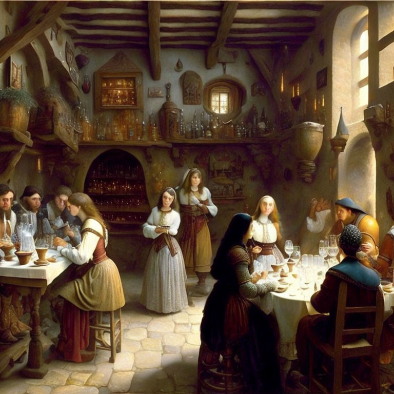 Warmly Lit Tavern Scene with Dining Patrons and Waitresses