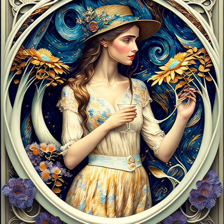 Stylized portrait of woman with floral hat and branch in swirling blue frame