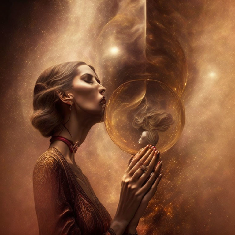 Woman with Elaborate Body Art Holding Translucent Sphere Against Mystical Golden Backdrop