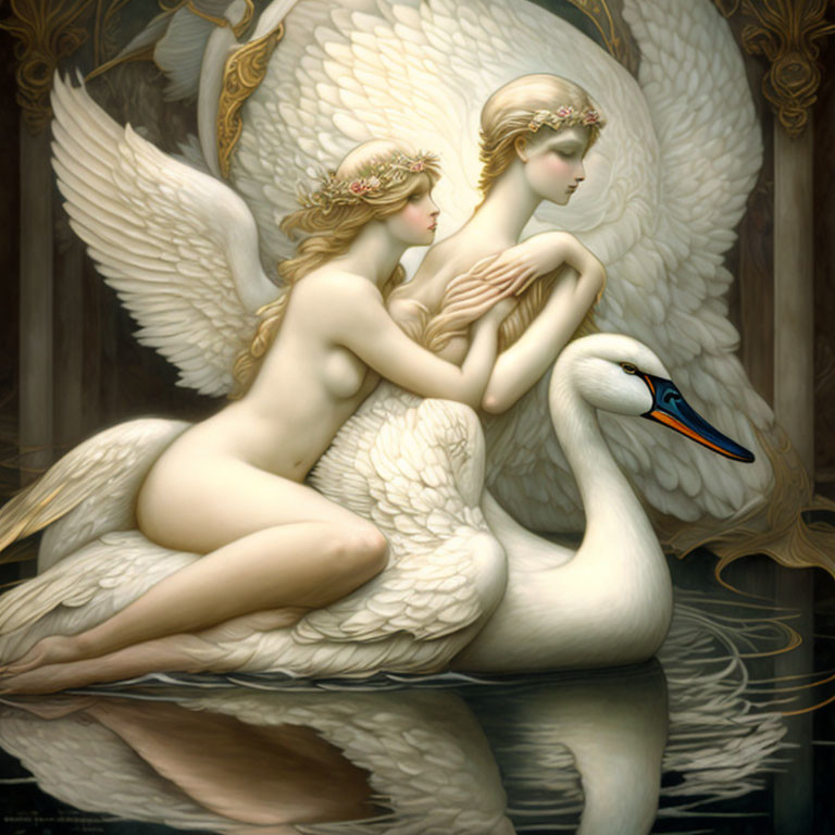 Ethereal women with wings and swan-like features in serene embrace