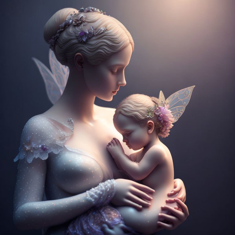 Illustration of fairy mother embracing sleeping child with wings and floral details in mystical setting