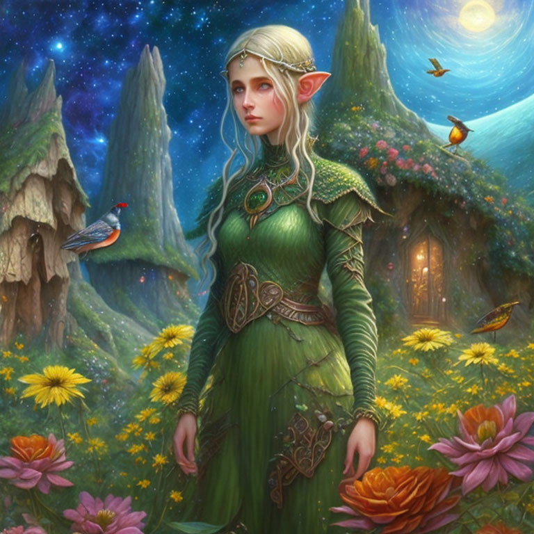 Elven female in green dress in magical forest with birds and flowers