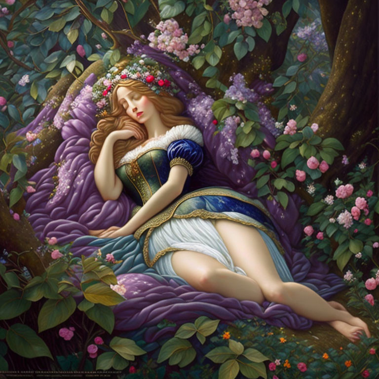 Medieval woman in flower crown sleeping on purple cushion in lush garden