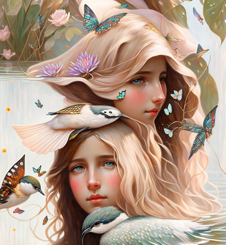 Blonde girl surrounded by birds and butterflies in surreal illustration