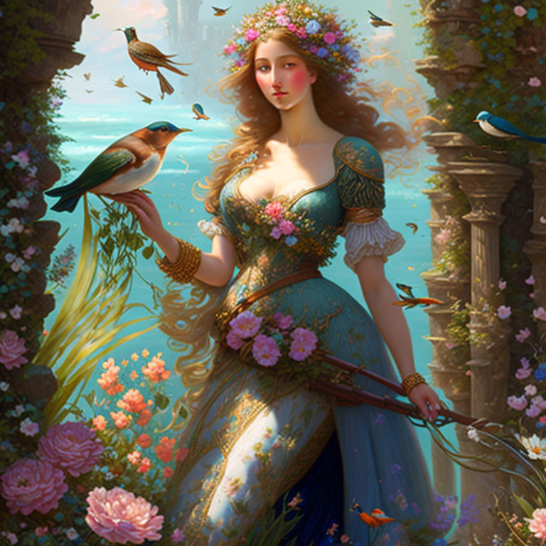 Woman in floral dress surrounded by birds and lush greenery in warm, ethereal setting