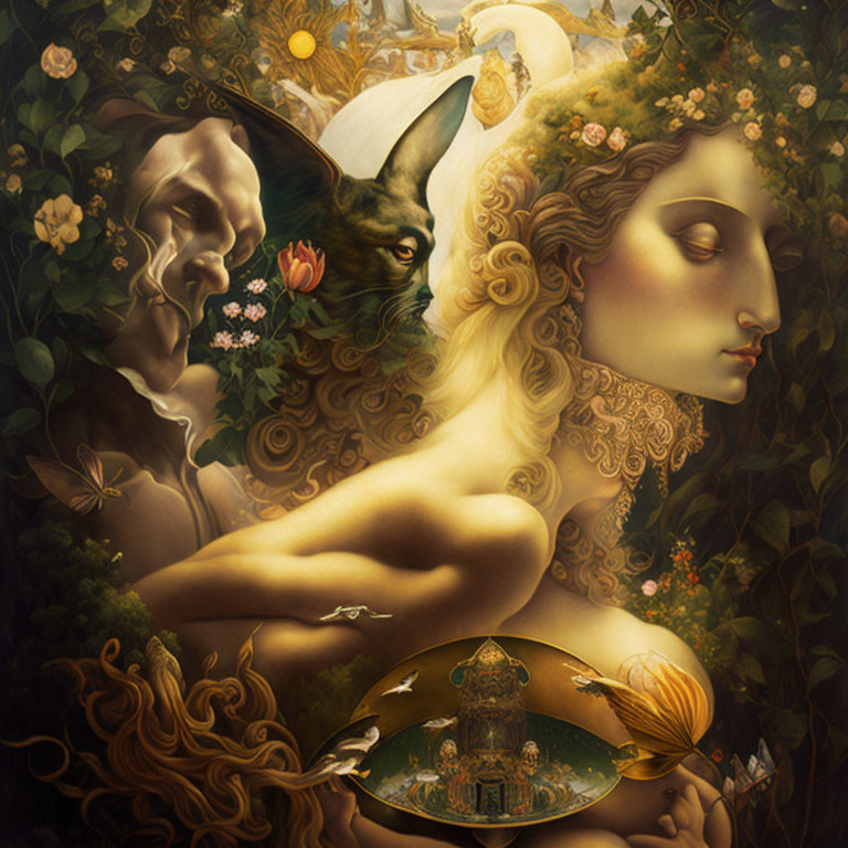 Surrealistic painting: woman's face, flowing hair, goat, man's silhouette, butterflies