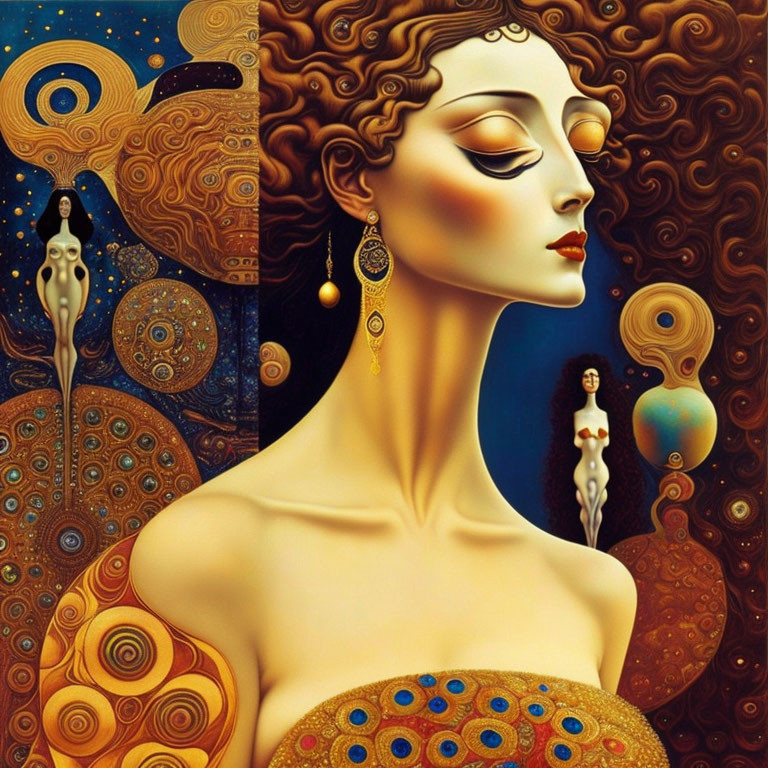 Surreal artistic portrait of a woman adorned in gold with cosmic motifs