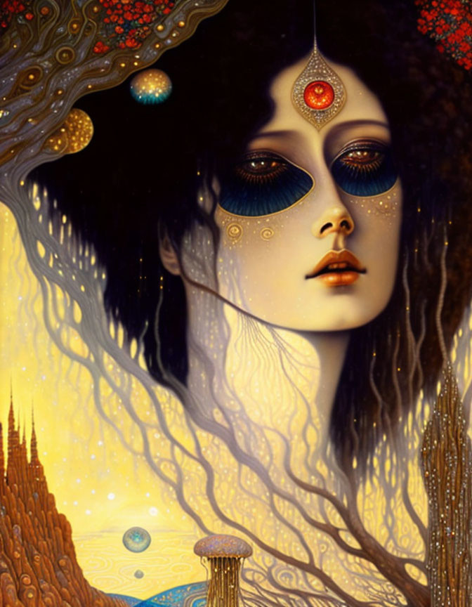 Surreal portrait of woman with cosmic features and celestial backdrop