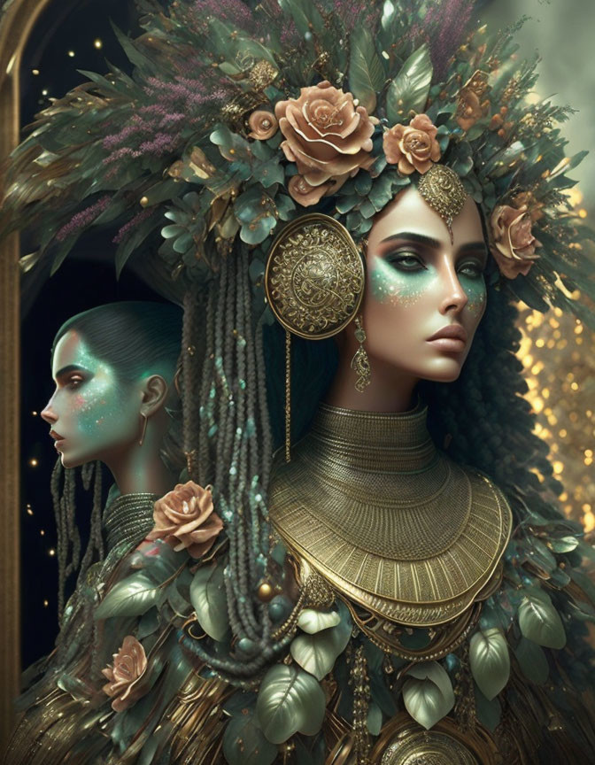 Digital Artwork: Two Women with Floral Headpieces and Decorative Face Paint