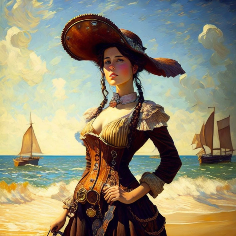 Woman in pirate outfit by sea with sailing ships in background