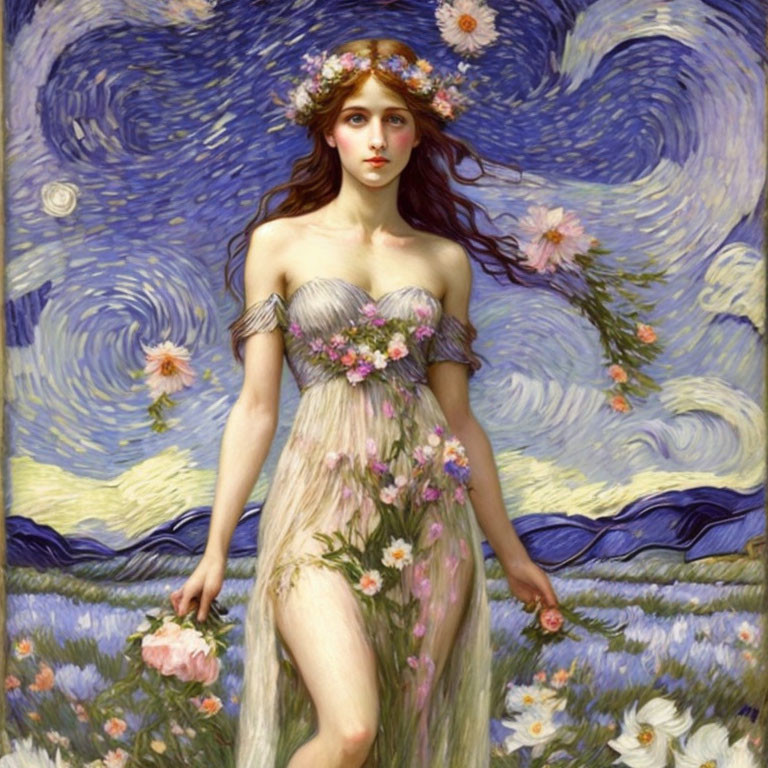 Young woman with floral wreath in hair against swirling blue sky backdrop in flowy dress.