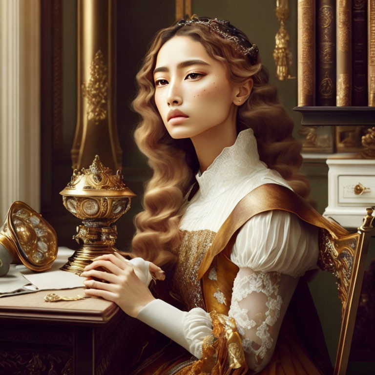 Young woman in royal baroque attire with vintage timepiece at ornate table