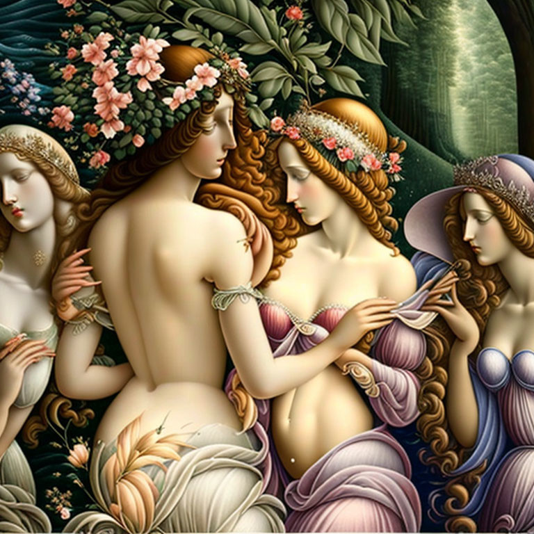 Four ethereal women embracing amidst lush foliage and delicate blooms