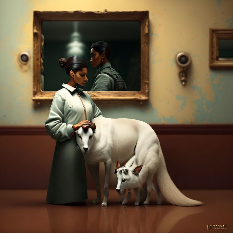 Stylish woman in coat with fantastical white creature in mirror