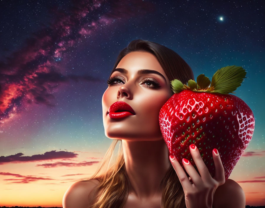 Woman with Red Lips Holding Giant Strawberry Against Sunset Sky