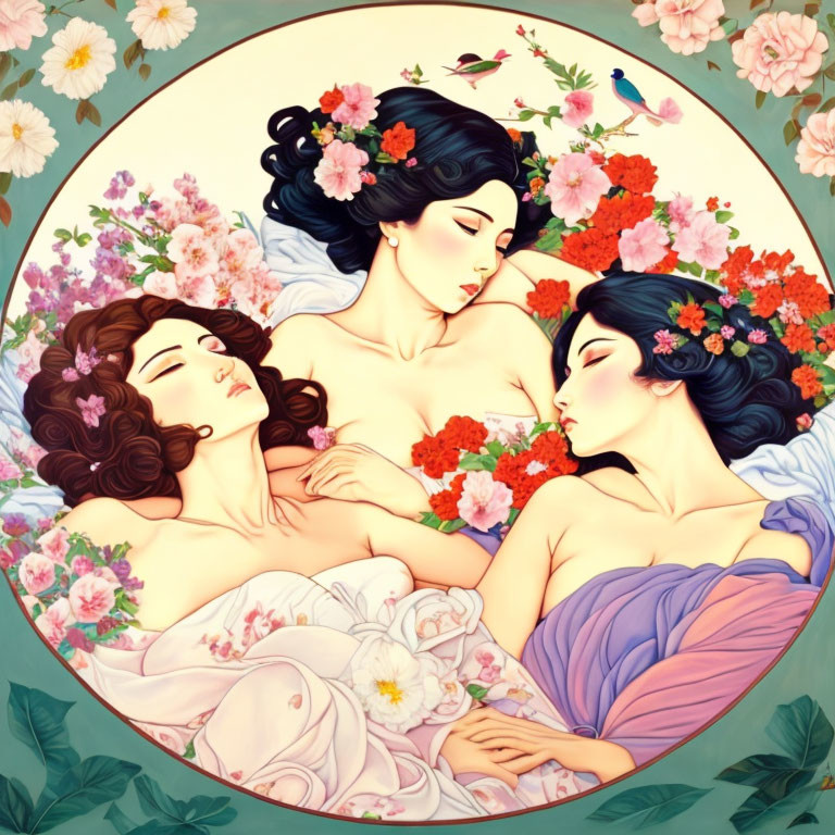 Three women with floral accents in serene circle amidst blooming flowers.