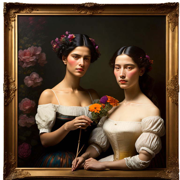 Two Women in Renaissance Clothing with Flowers Posing in Art Gallery