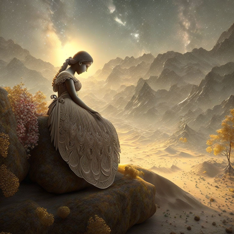 Woman in Elaborate Dress Contemplates Surreal Landscape