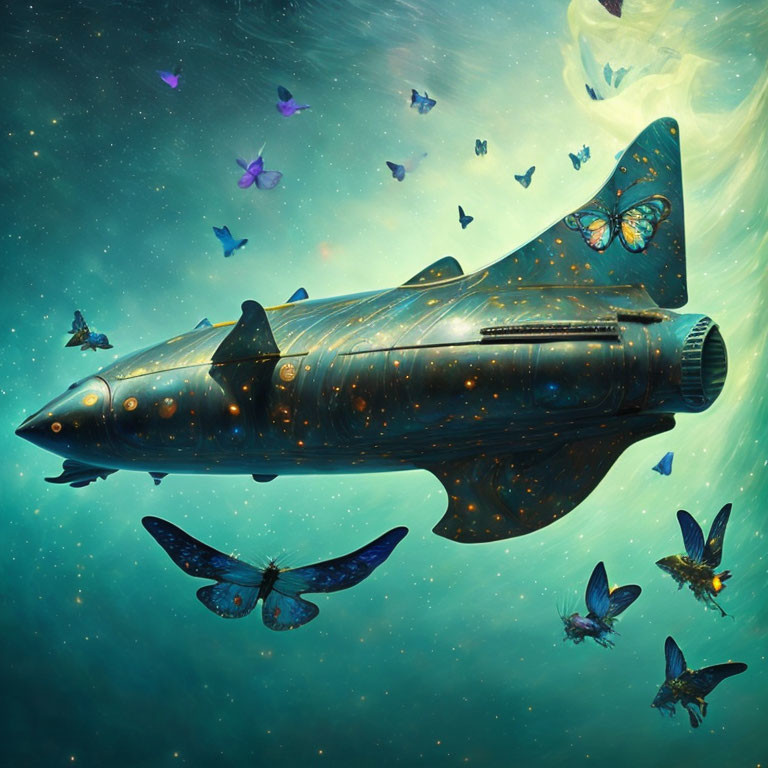 Rocket-shaped fish and butterflies in colorful space scene