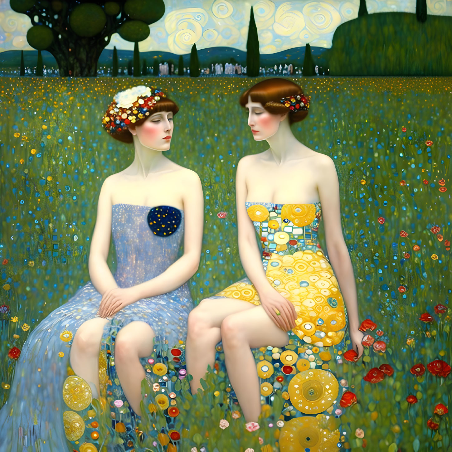 Two women in floral headdresses in a Klimt-inspired meadow.