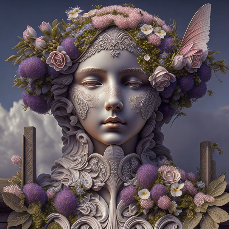 Sculpted female face with floral and fruit headdress