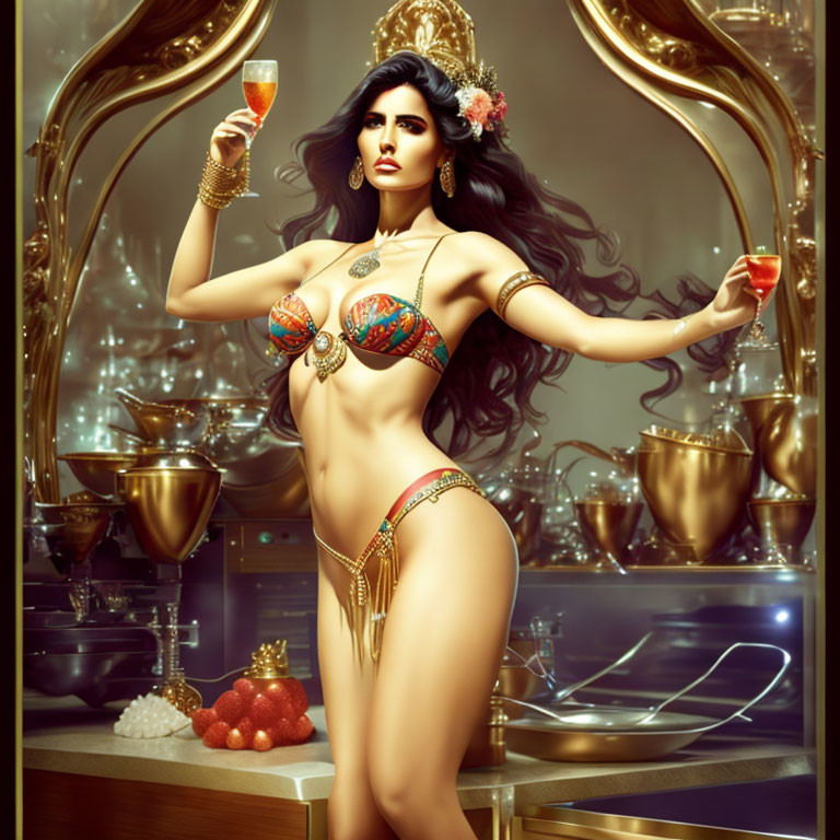 Digital illustration of woman in ornate bikini with wine glasses, golden goblets, and strawberries.