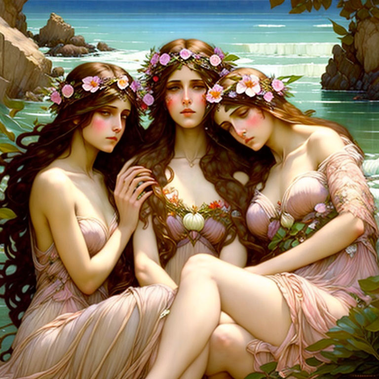 Three women with floral wreaths by the sea: serene beauty in natural setting