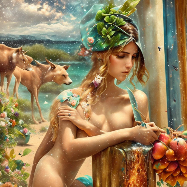 Fantasy artwork of woman with leaf headscarf, deer, fruit, sea, sky