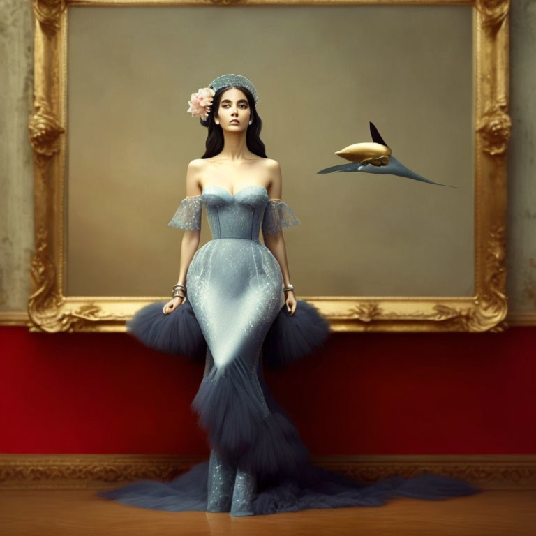 Woman in Blue Dress with Surreal Flying Fish and Gold-Framed Painting