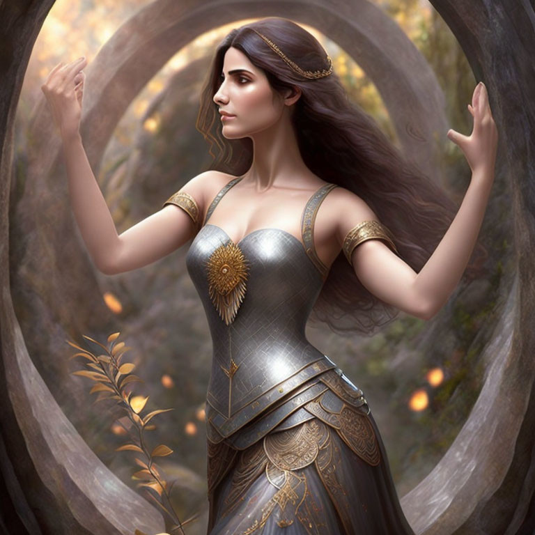 Digital Artwork: Woman in Medieval Dress in Forest Setting