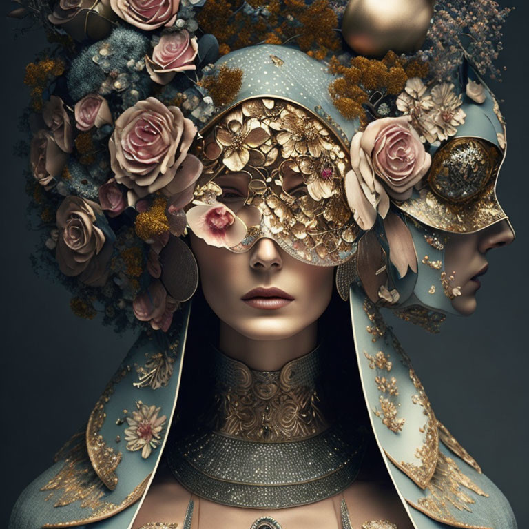 Person in ornate mask with gold details and flowers: mysterious and elegant vibe