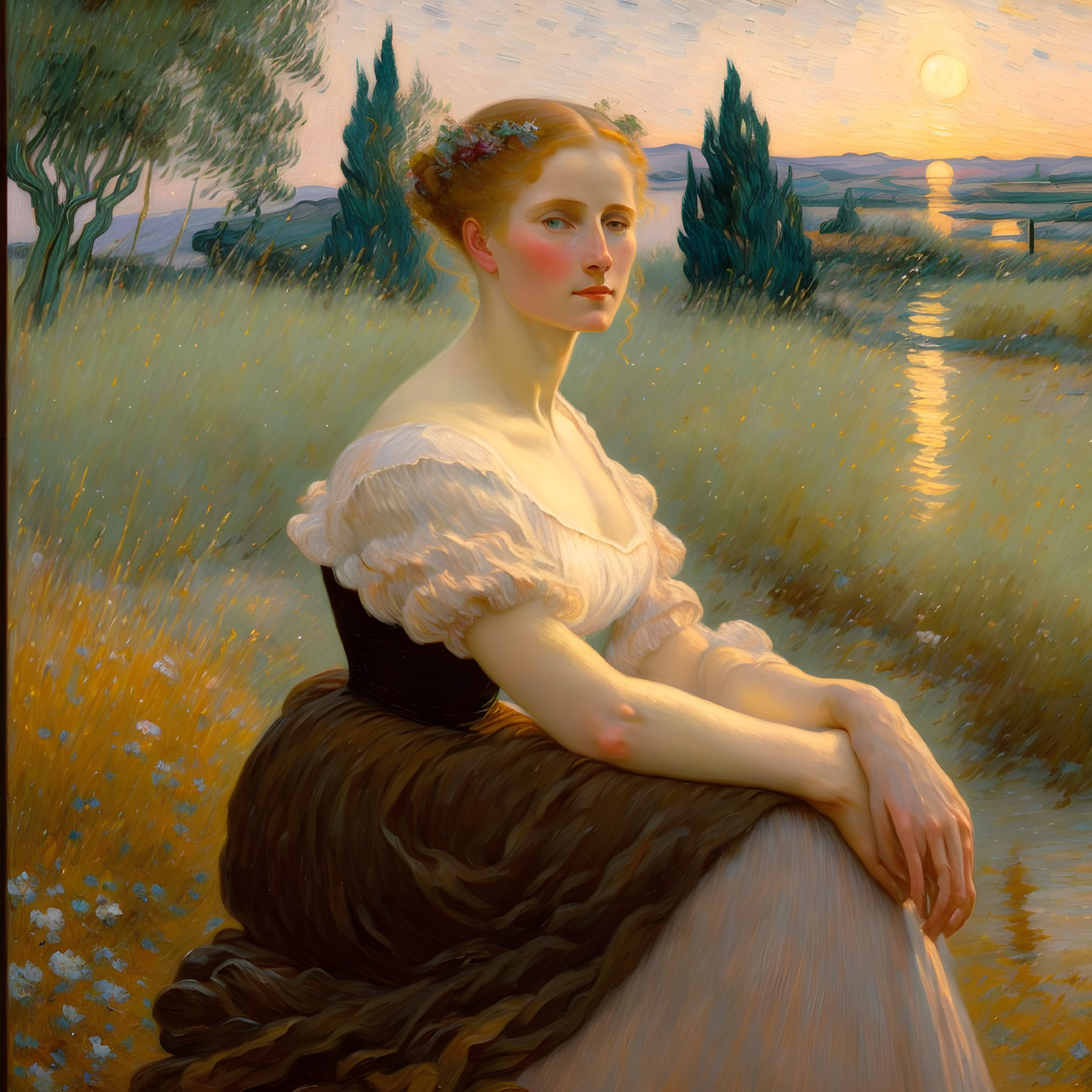 Woman in white blouse and dark skirt by water at sunset with golden sunlight.