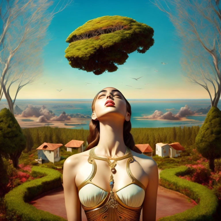 Golden-outfitted woman under floating island in surreal landscape.