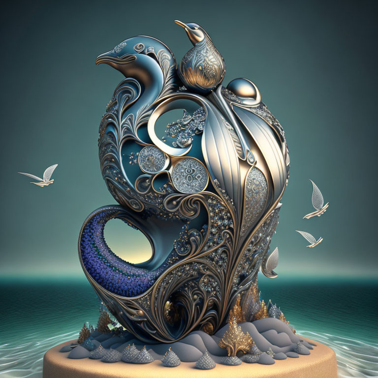 Ornate coastal bird sculpture with intricate patterns