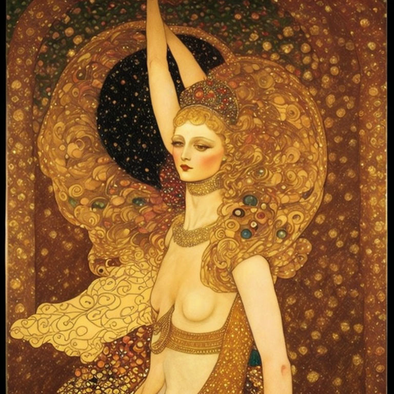 Art Nouveau Style Painting: Woman with Elaborate Headdress & Flowing Hair