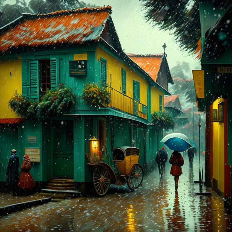 Colorful Rainy Street Scene with Umbrellas, Rickshaw, and Colonial Buildings