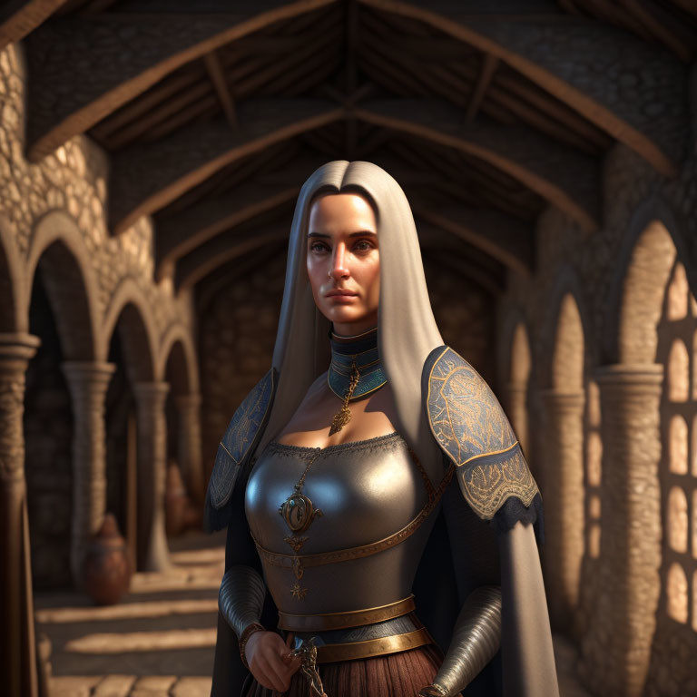 Medieval nun in intricate armor standing in stone archway