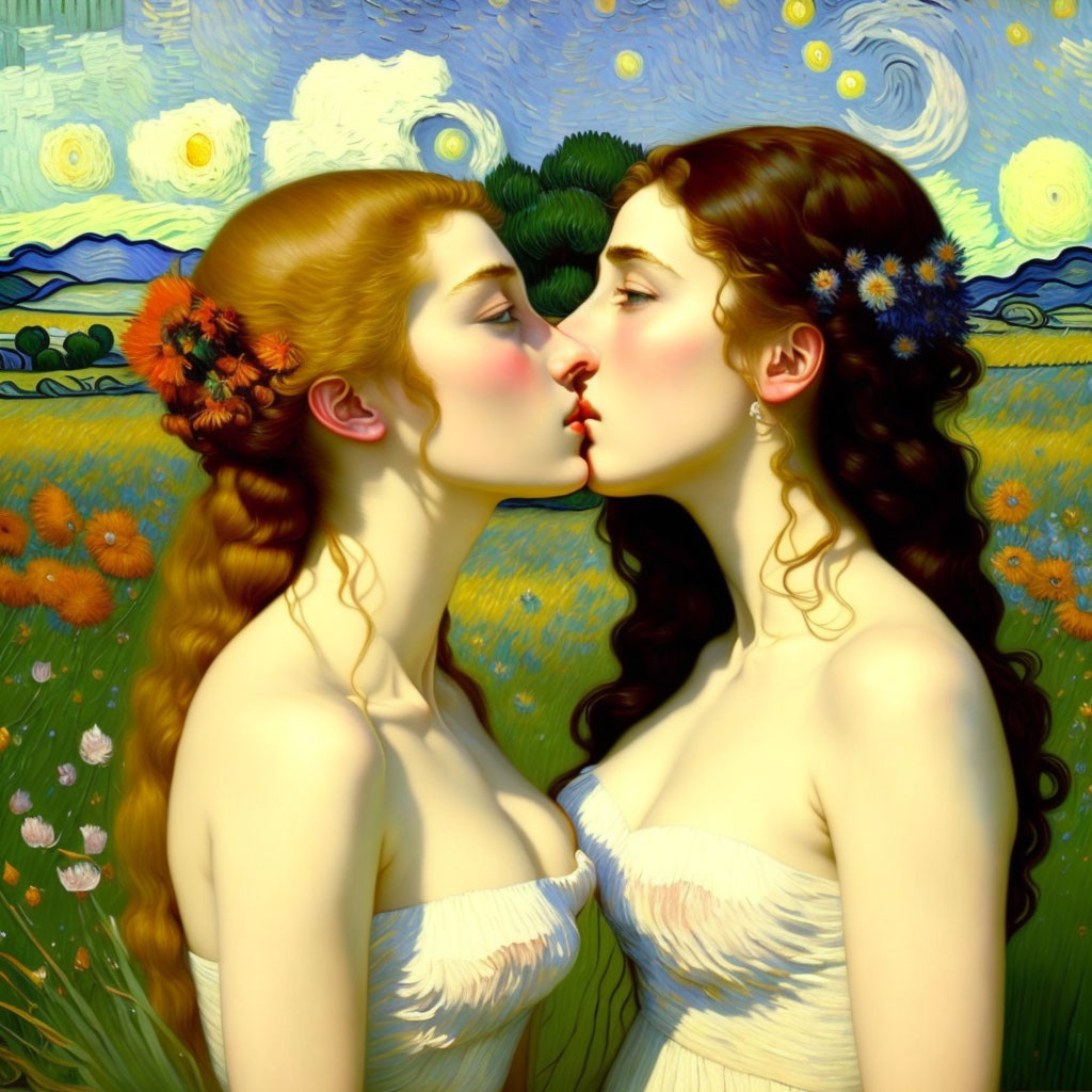 Two women with intricate hairstyles kissing in vibrant, Van Gogh-inspired landscape