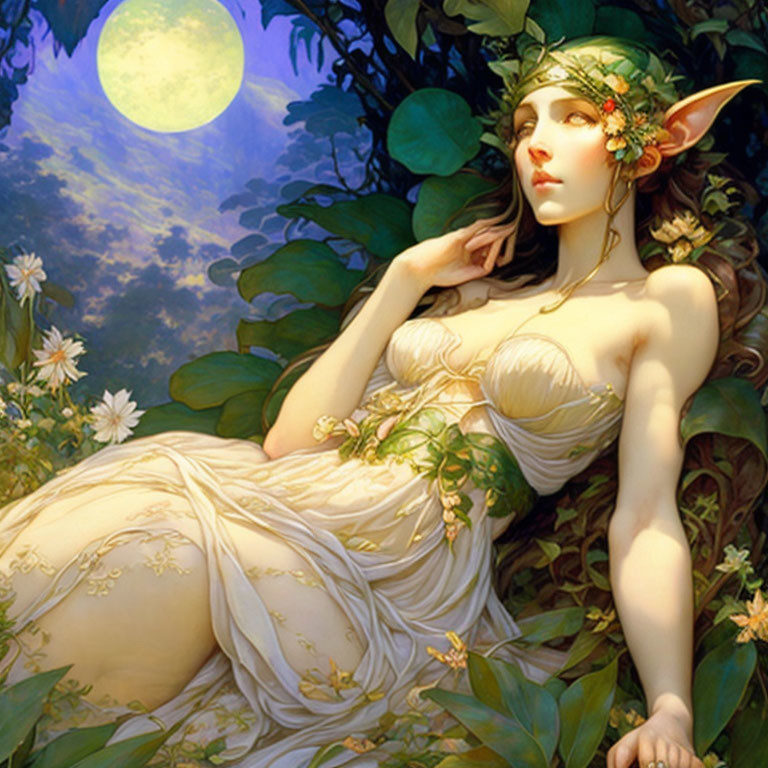 Fantasy illustration of female elf under full moon among lush foliage