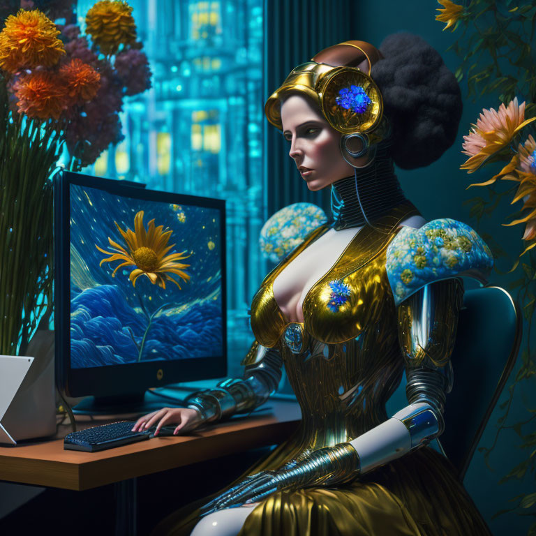 Futuristic woman with robot features in golden outfit by computer with sunflower and vibrant flowers