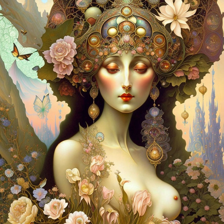 Ethereal woman with ornate headpiece among flowers and butterflies