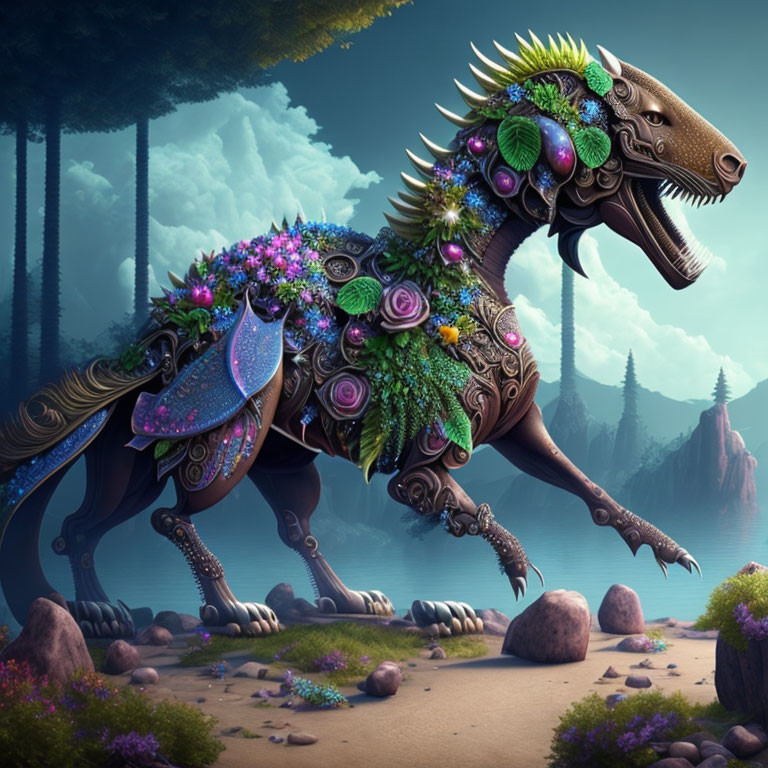 Mechanical horse adorned with flowers by serene lake