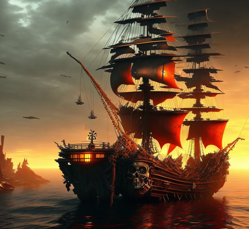 Red-sailed pirate ship with skull and crossbones sails at sunset among rocky outcrops and birds