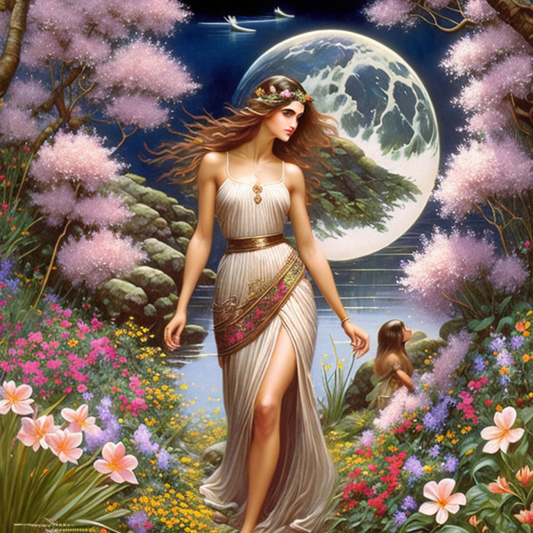 Woman in Greek-style dress in lush garden under large moon with child and vibrant flowers.