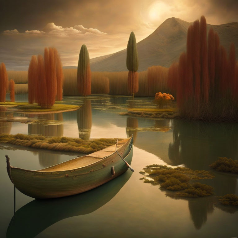 Tranquil lake with lone boat, golden trees, soft sky