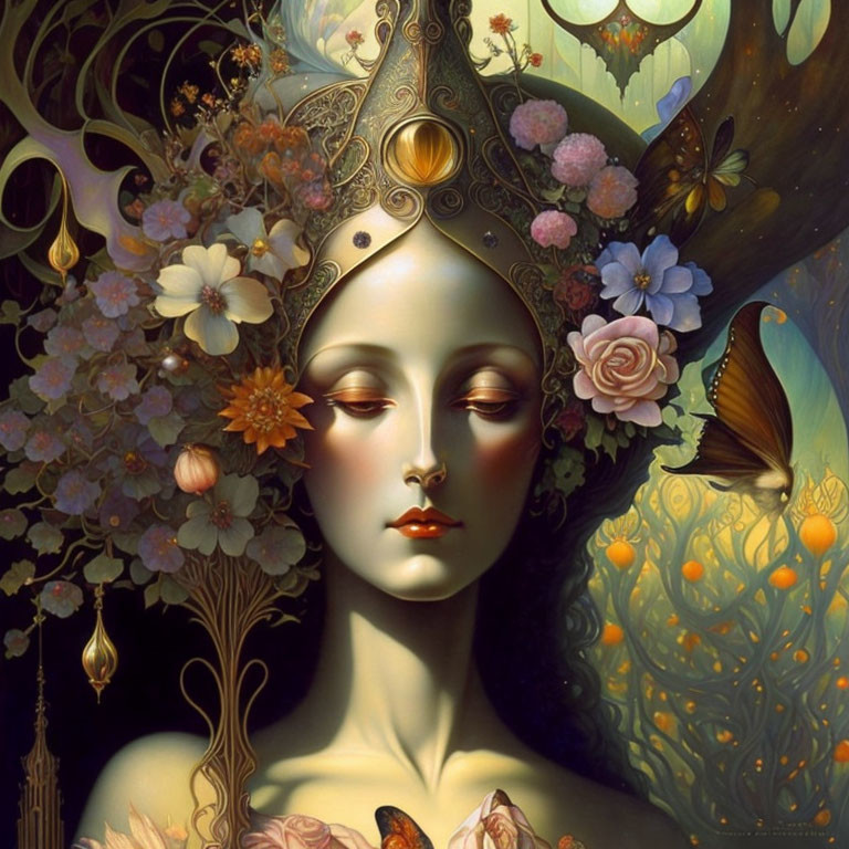 Surreal portrait of a woman with floral headdress and golden designs